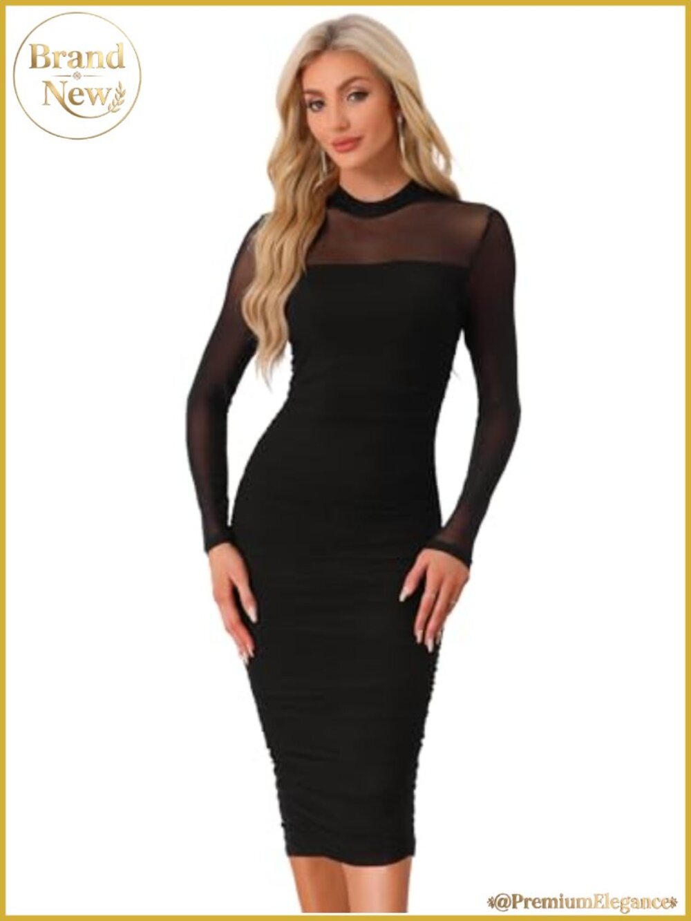 Women's Long Sleeve Mock Neck Ruched Bodycon Midi Dress Formal